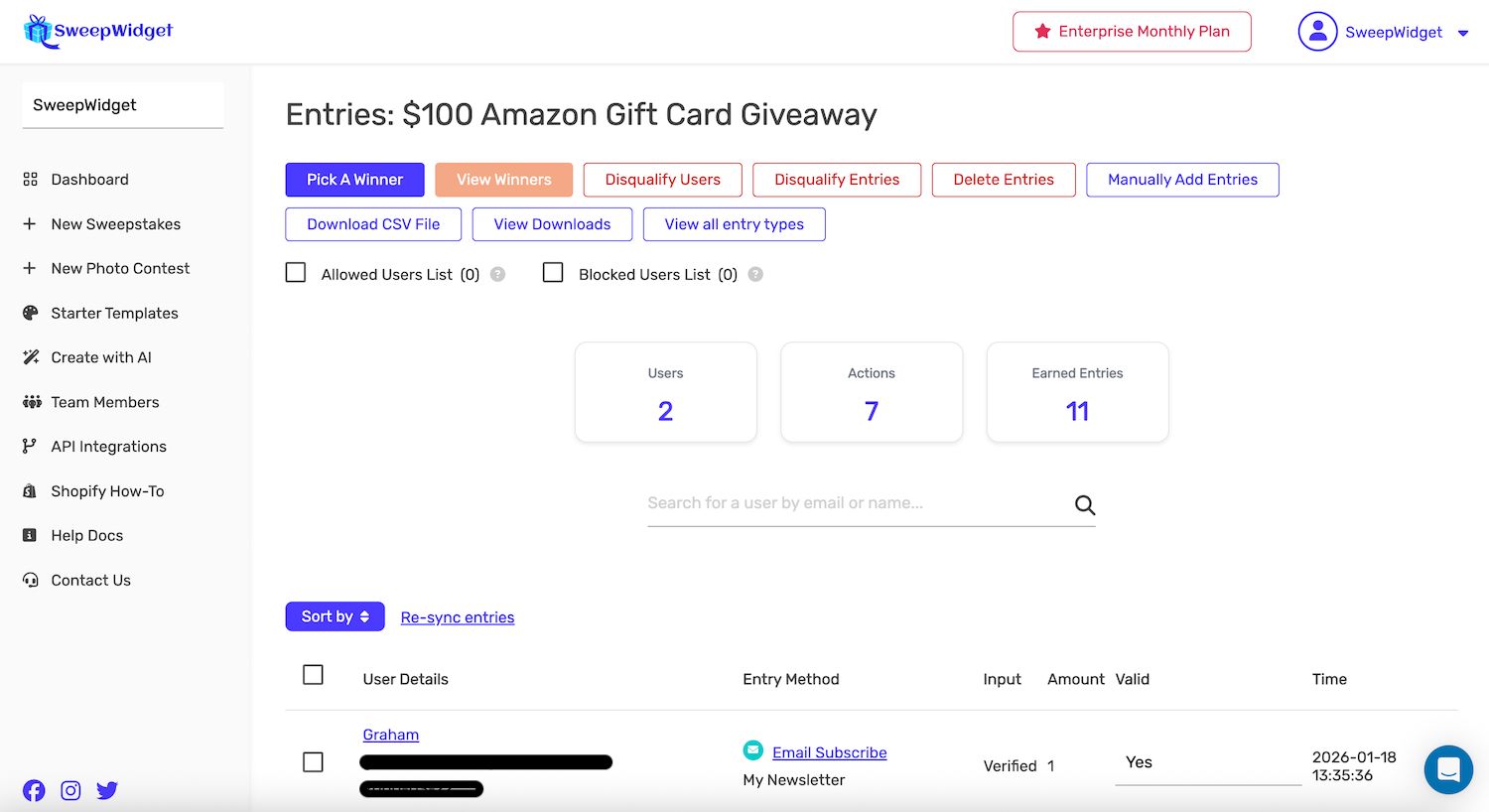 Entry management dashboard with pick a winner, disqualify users, CSV export, user search, and entry verification details