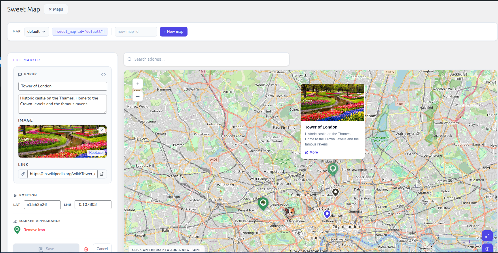 Gutenberg block — search "Sweet Map" in the block inserter to add a map to any page