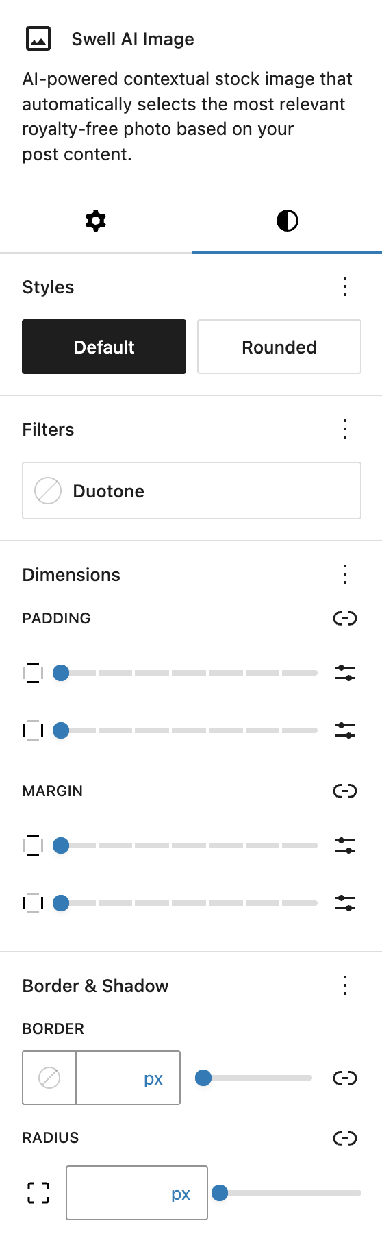 Includes several style options for changing the width and appearance of the image.