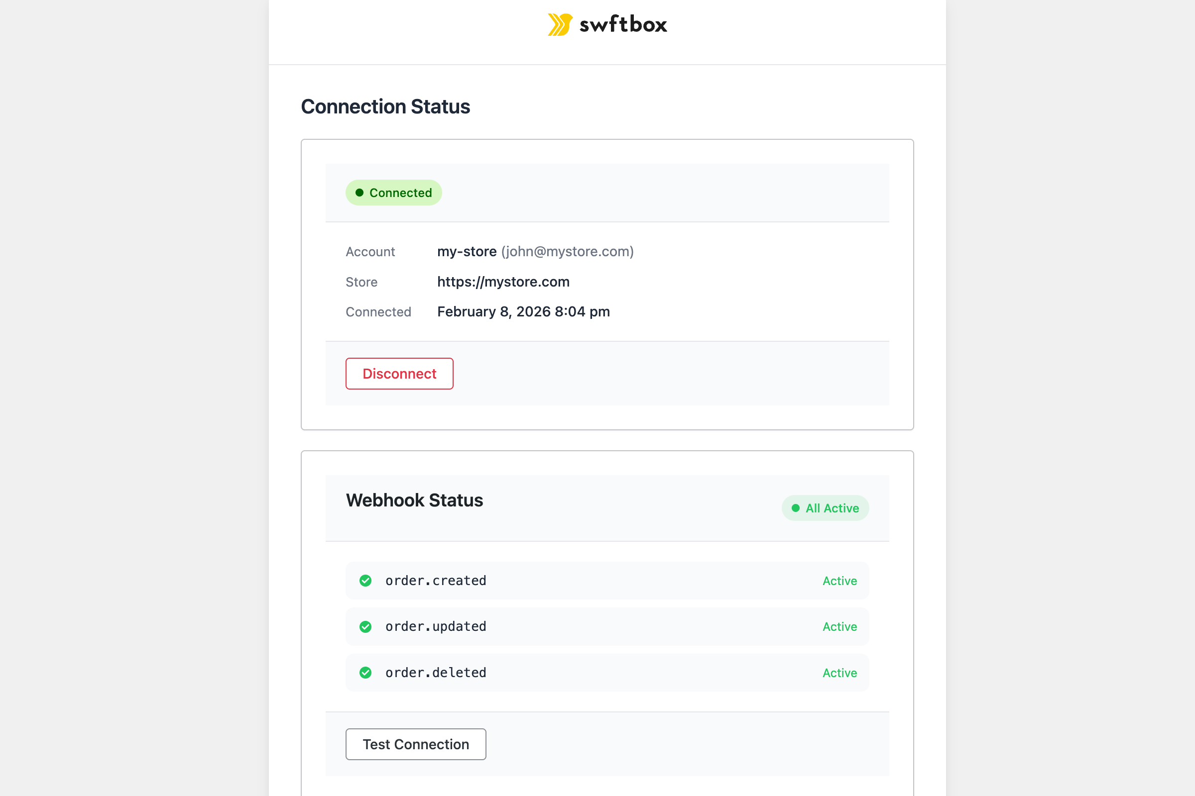 Connection dashboard - View connection health, webhook status, and WooCommerce API status