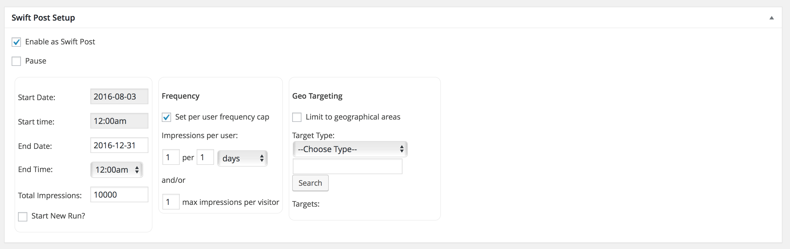 Example of Swift Post setup meta box on post edit page.