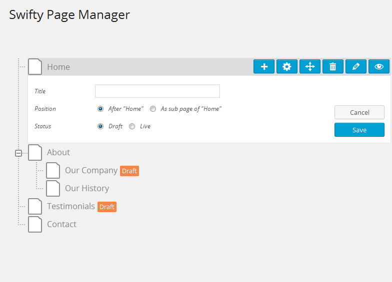 Create, delete and move pages. Manage the page settings.