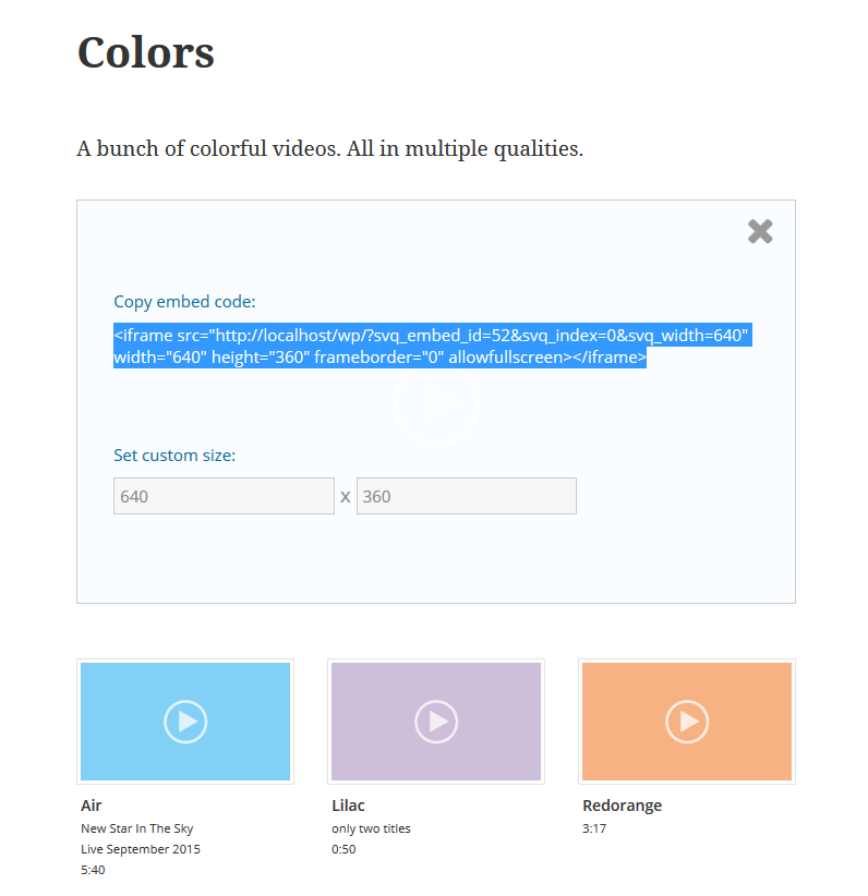 The embed code overlay with the custom size calculator.