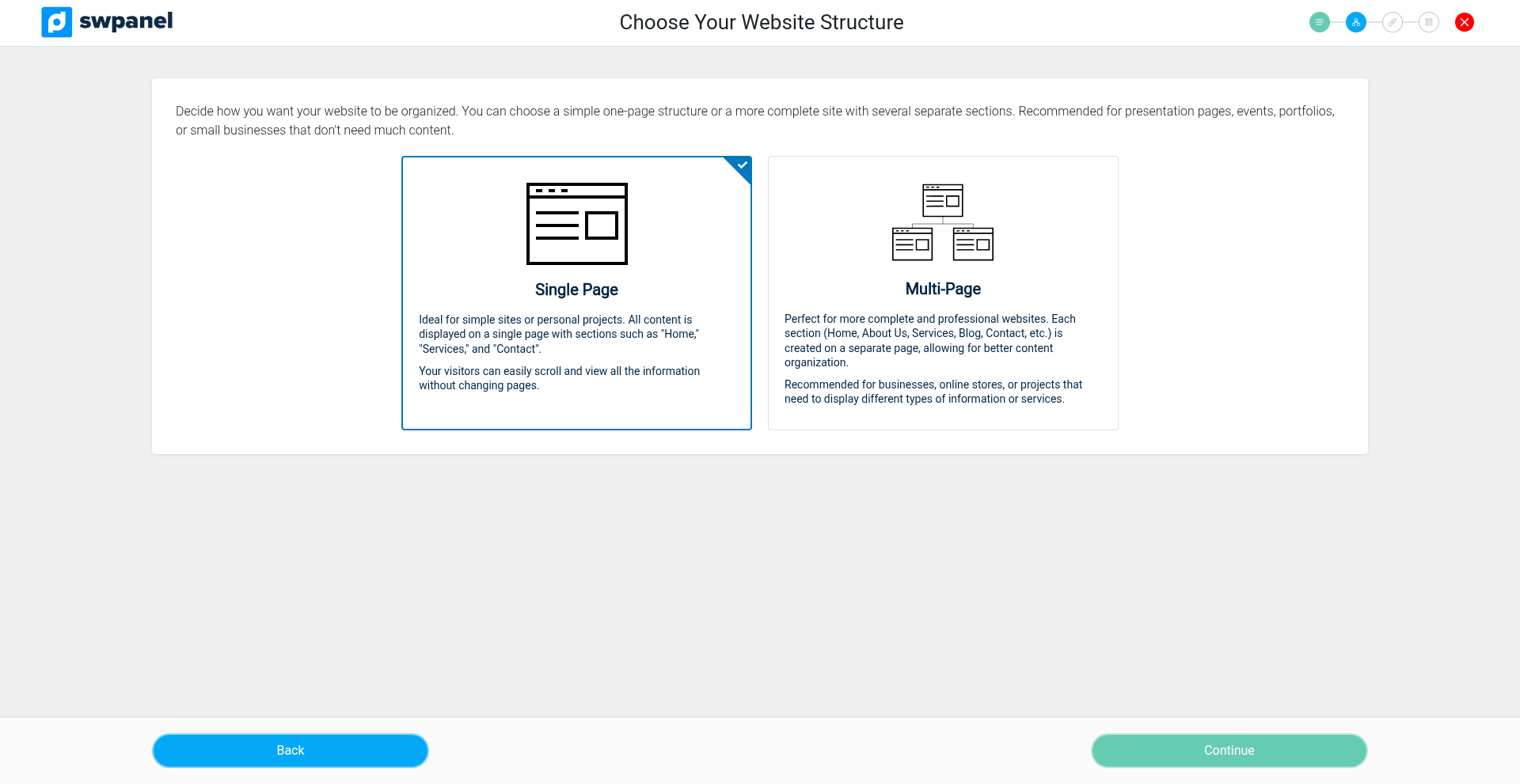 Select the structure for your site (single page or multi-page).
