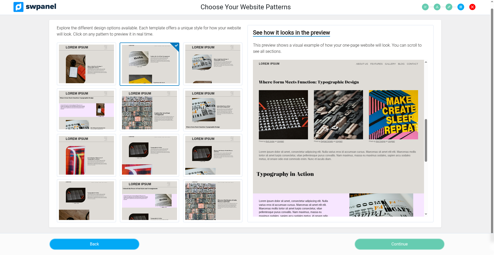 Pick a layout pattern to finalize the website generation.
