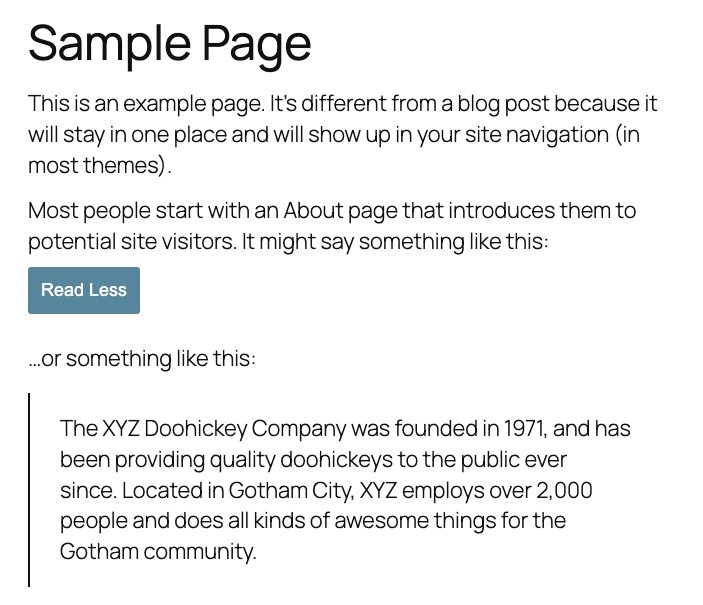 Shows the hidden content after clicking the button, with the button text changed to "Read Less".
