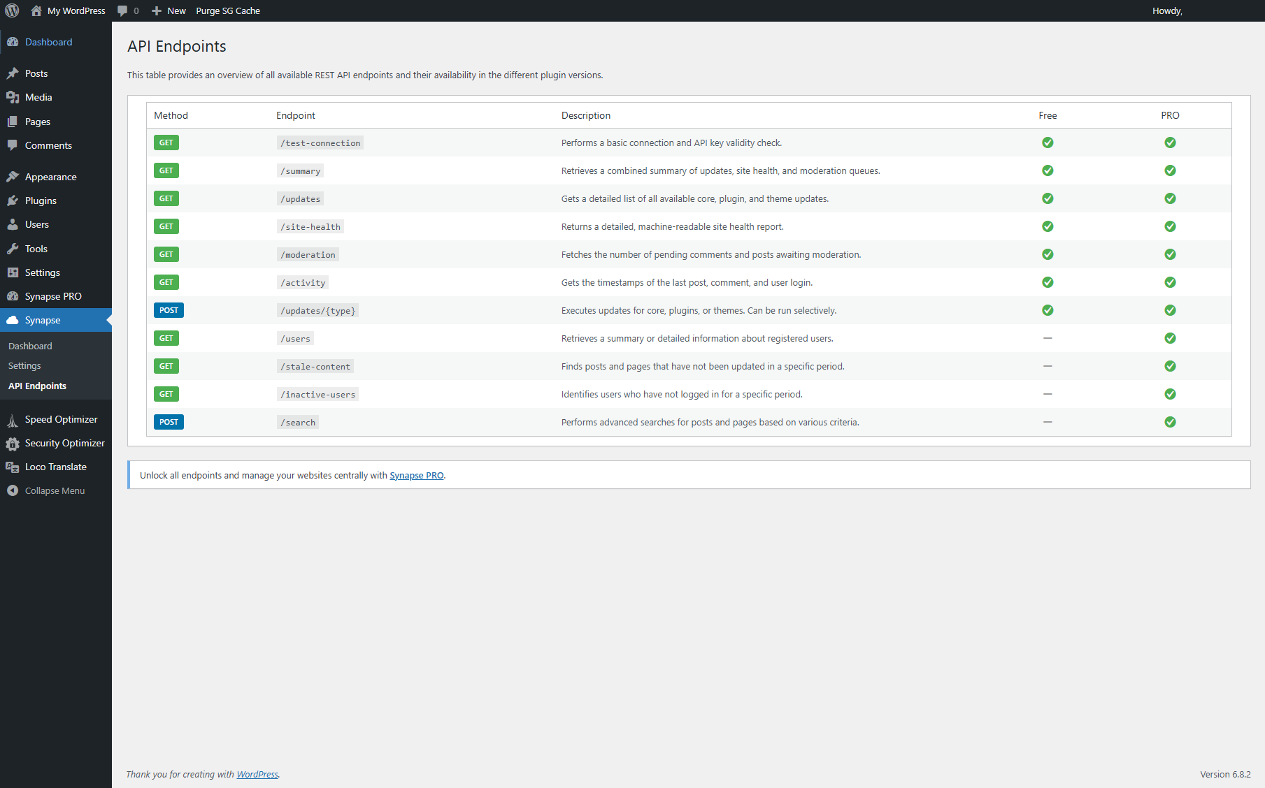 Overview of the currently available REST API endpoints you can use in Synapse (FREE & PRO).