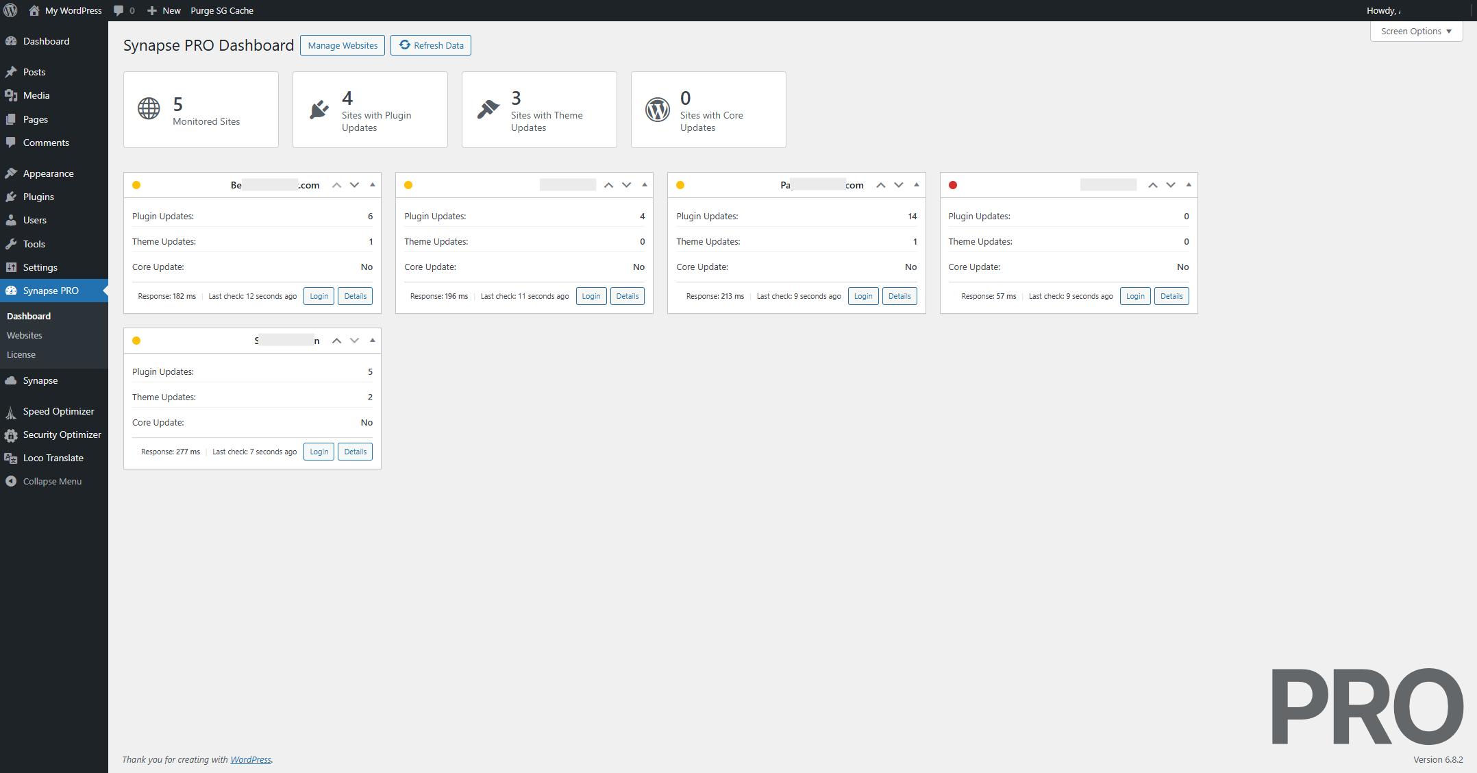 Example view of the PRO version's dashboard with connected external WP instances.