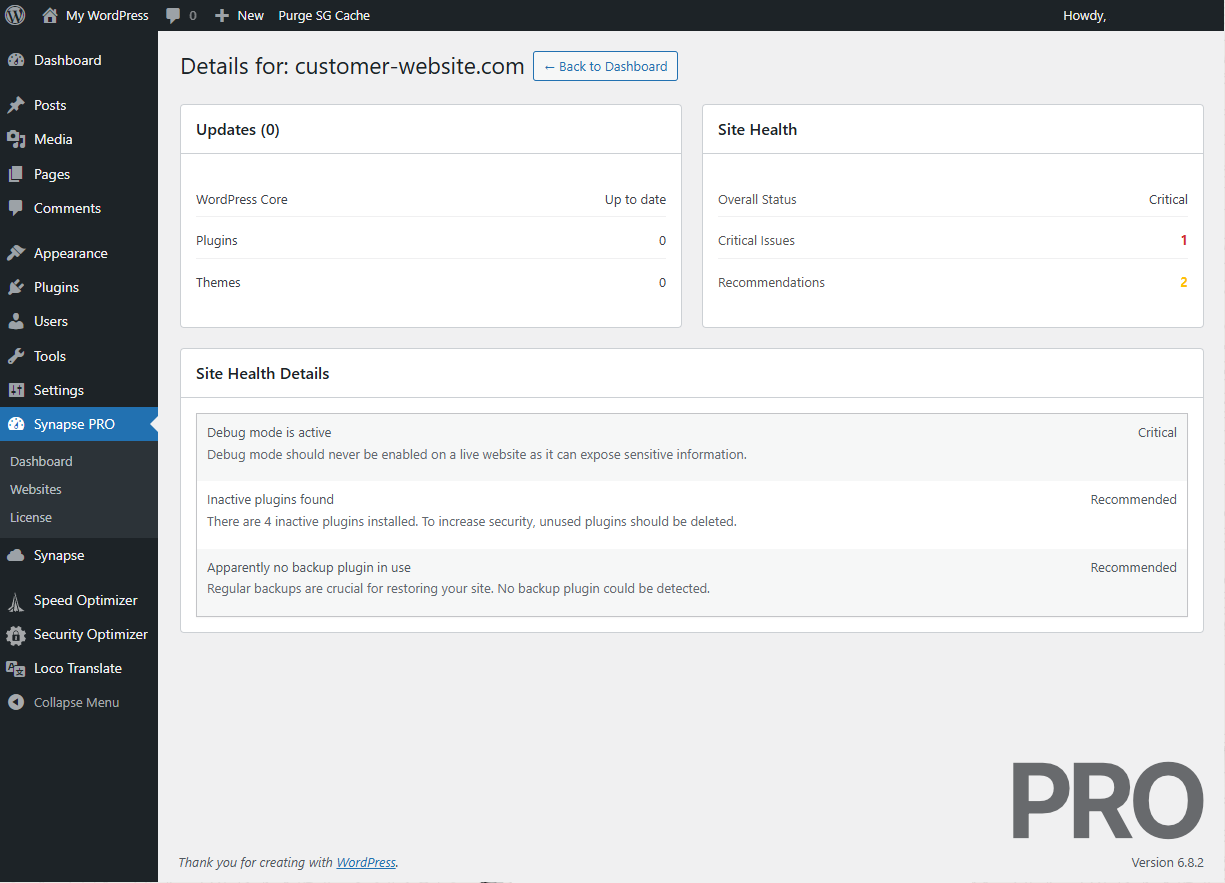 Comprehensive update overview, website health check results and recommendations for a single instance. (PRO)