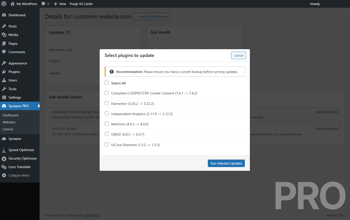 Modal with detailed information on the available plugin updates, including the current and new versions. (PRO)