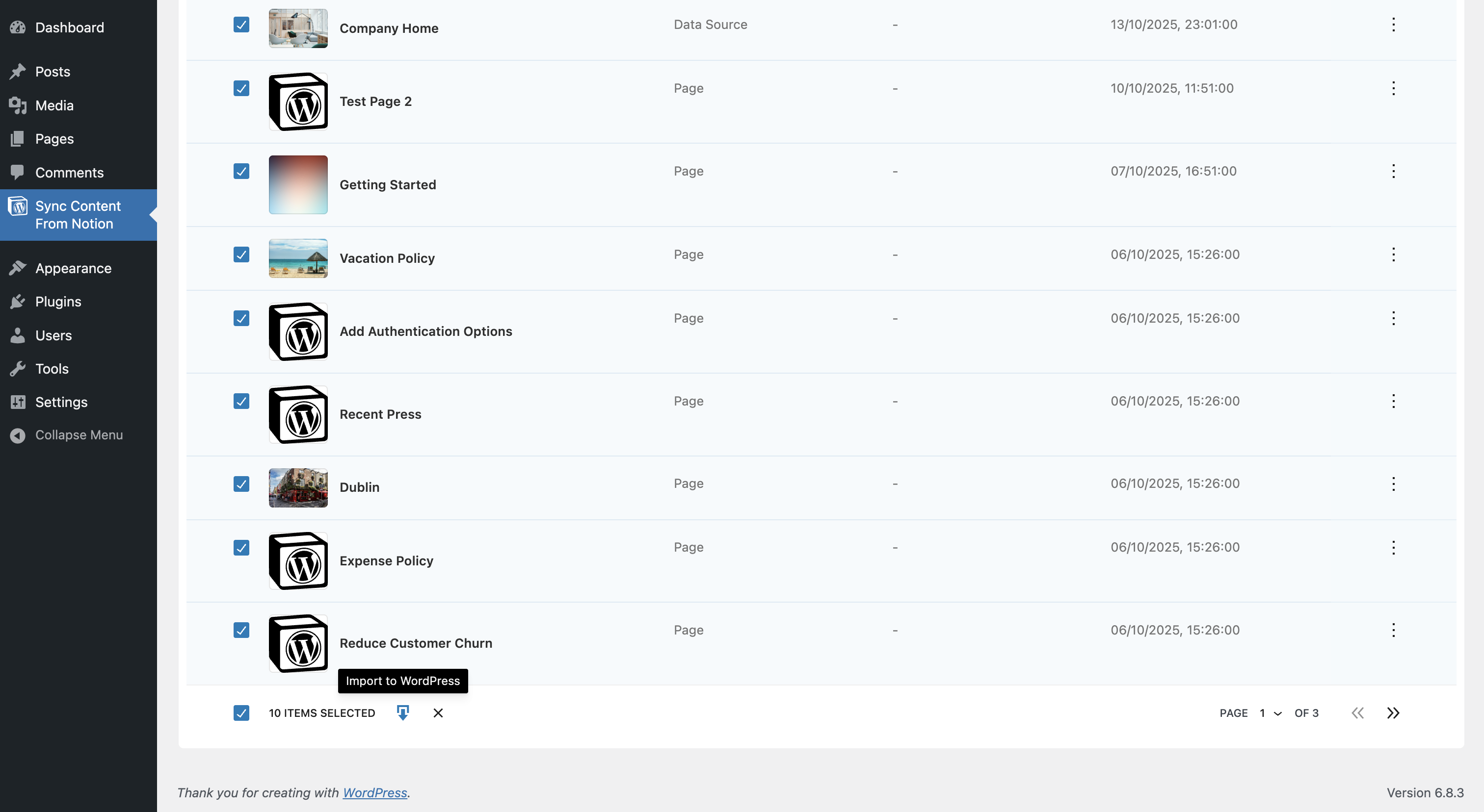 Bulk select pages to import