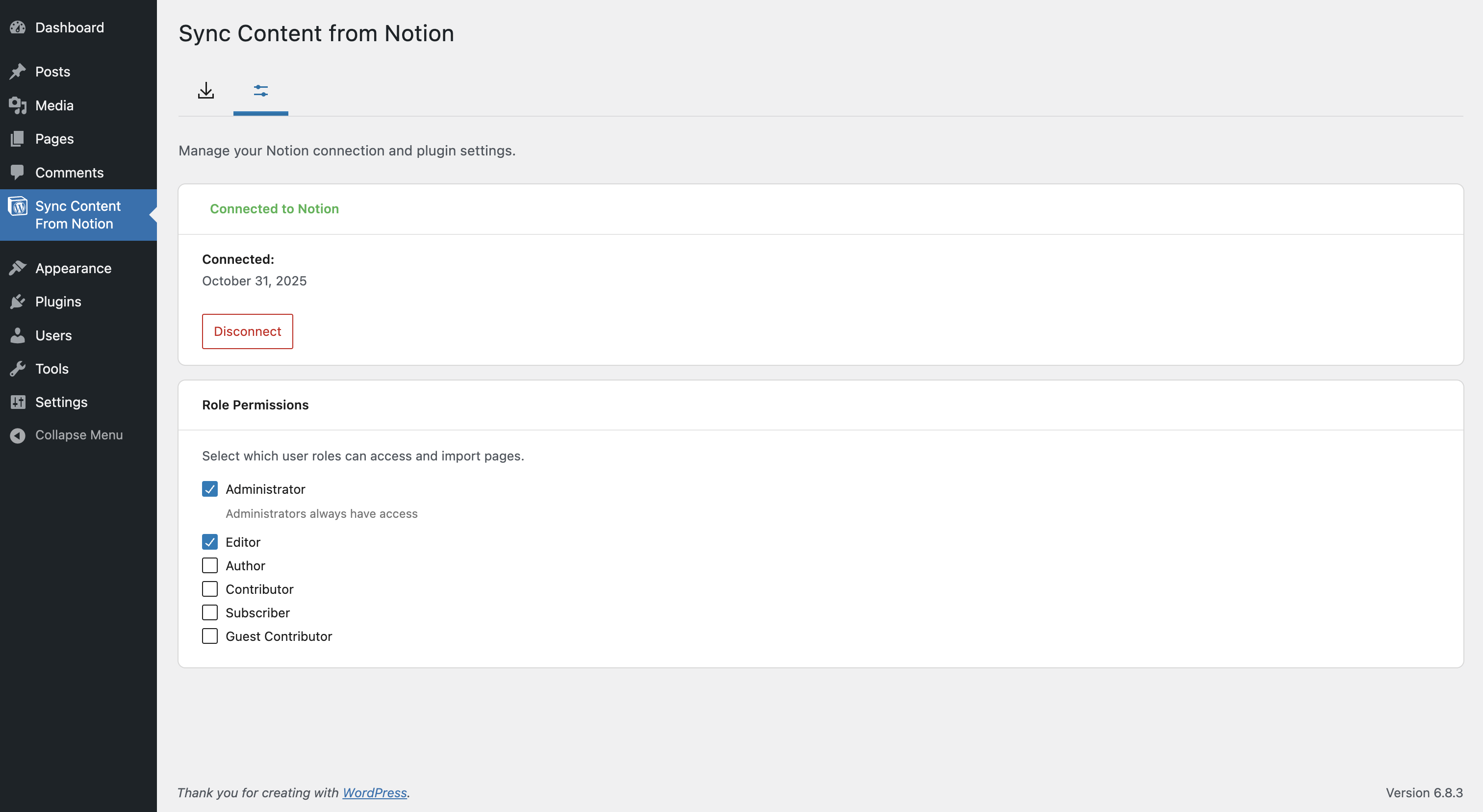 Settings page for managing connections and roles