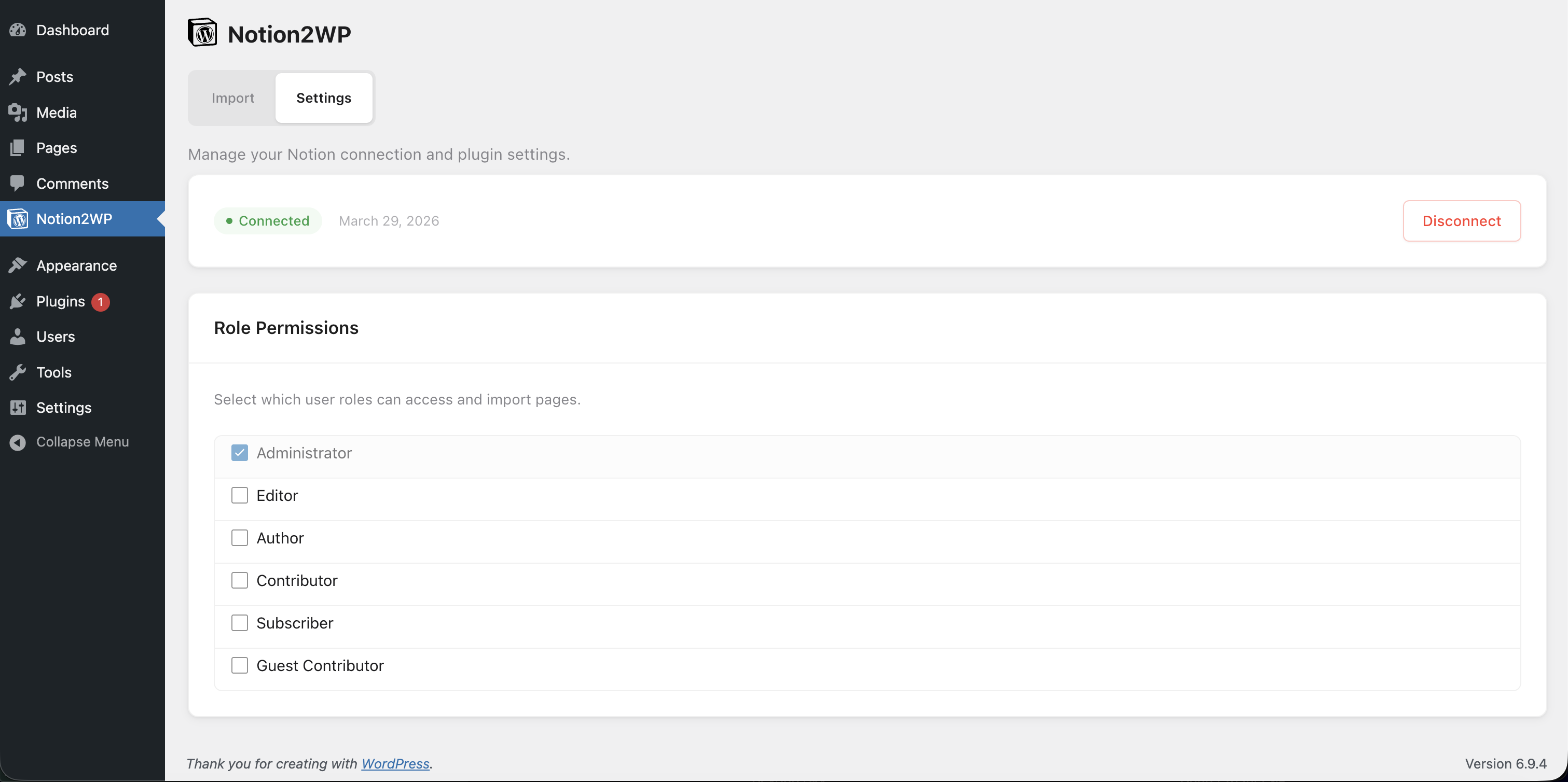 Settings page for managing connections and roles