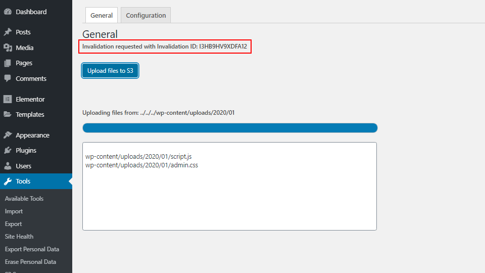 You will see the message about your invalidation ID if you have saved a configuration "Use Cloudfront" > "yes" and have indicated your CloudFront ID.