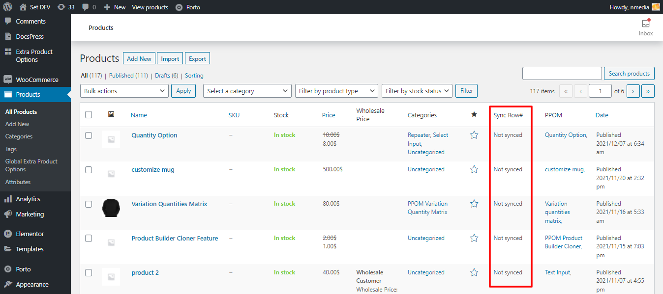 Showing products sync status in admin