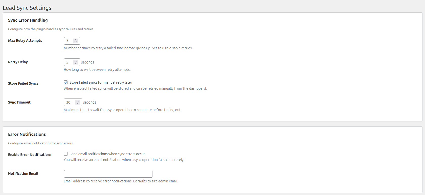 **Settings Page** - Configure sync behavior and error handling options