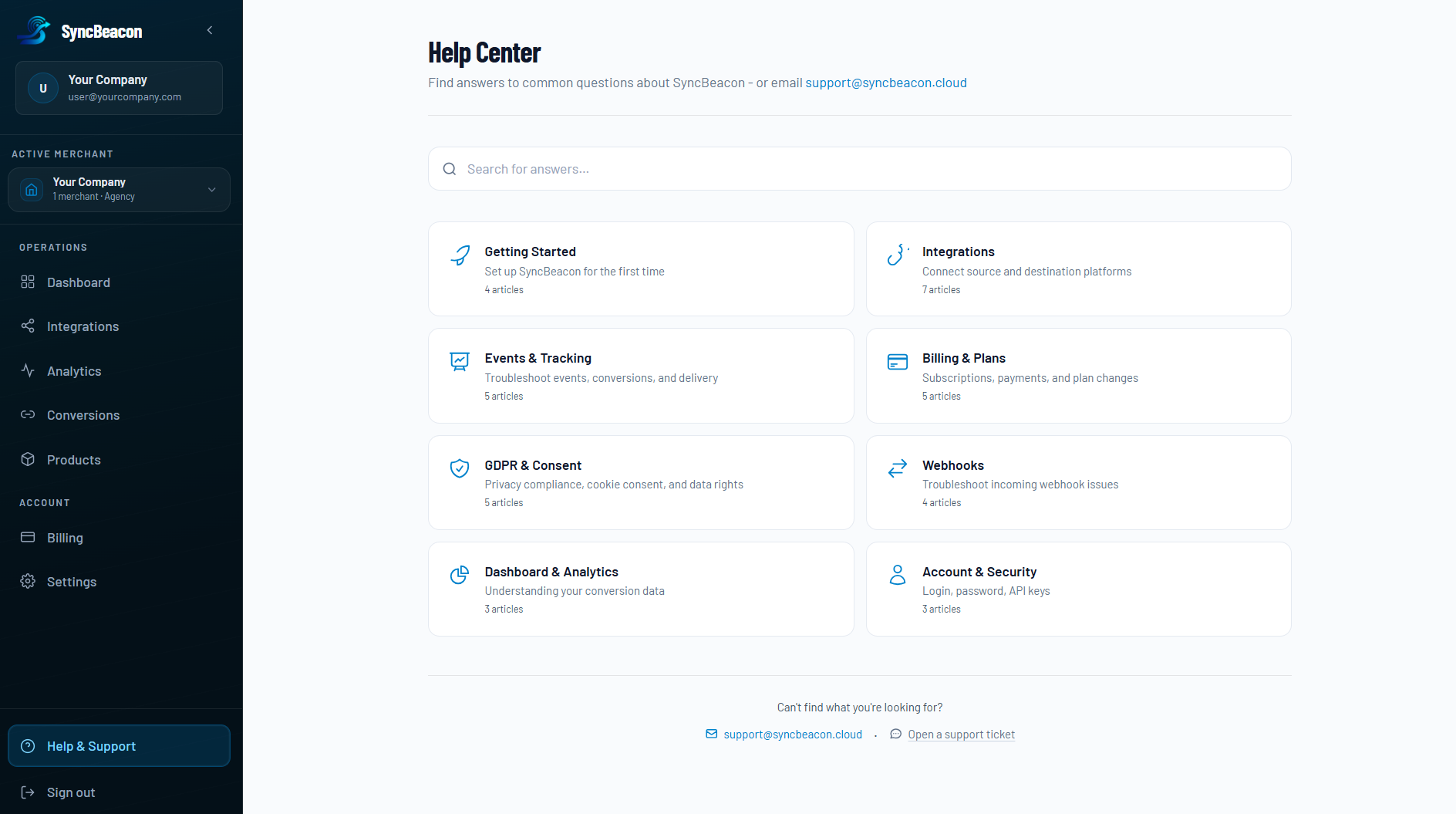 SyncBeacon Help Center - searchable support topics plus email and ticket contact.