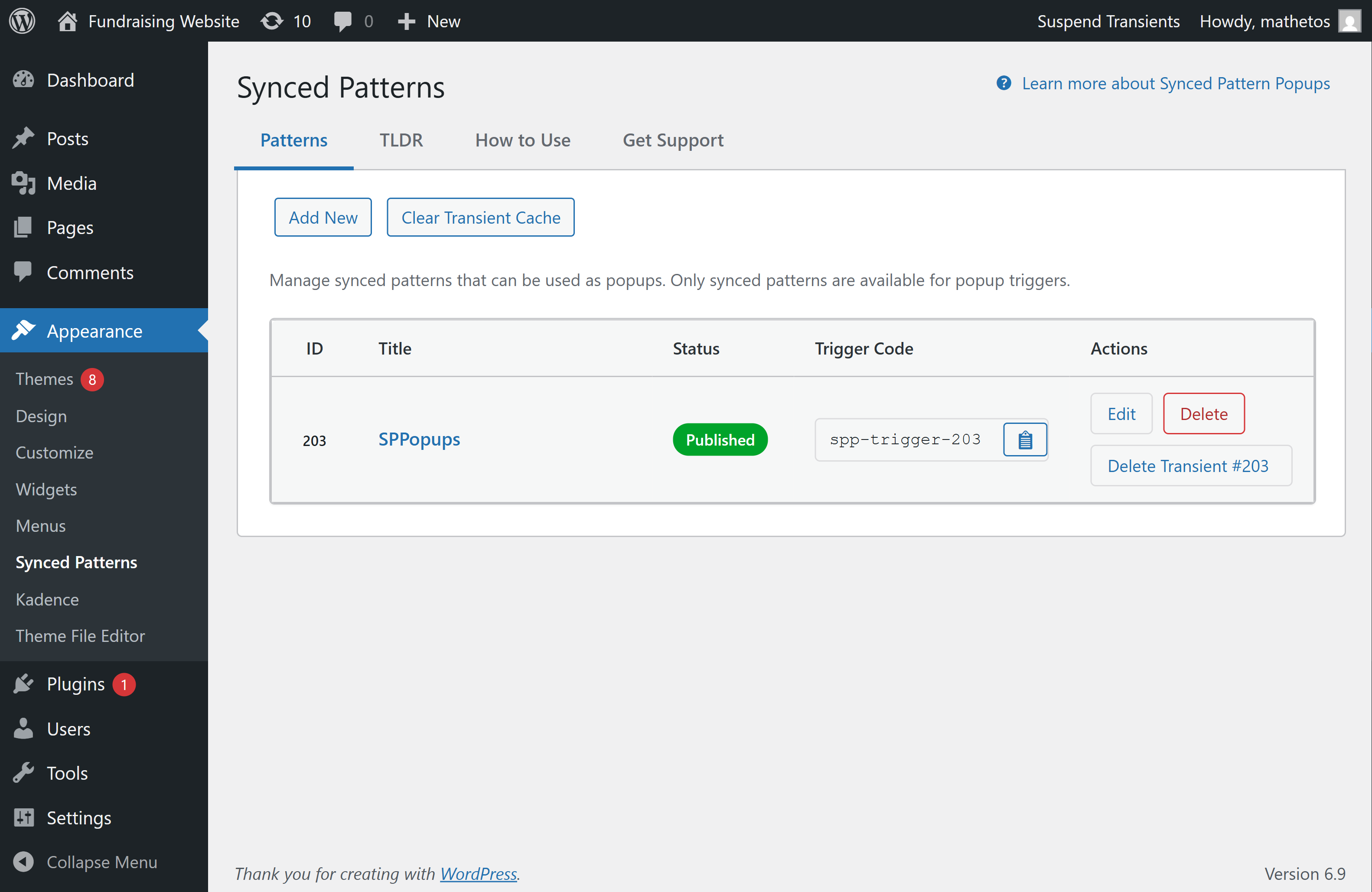 The Synced Patterns Popup settings screen listing your sites Synced Patterns. From here you can copy the trigger code, edit the pattern, delete the pattern, or clear the pattern transient cache.