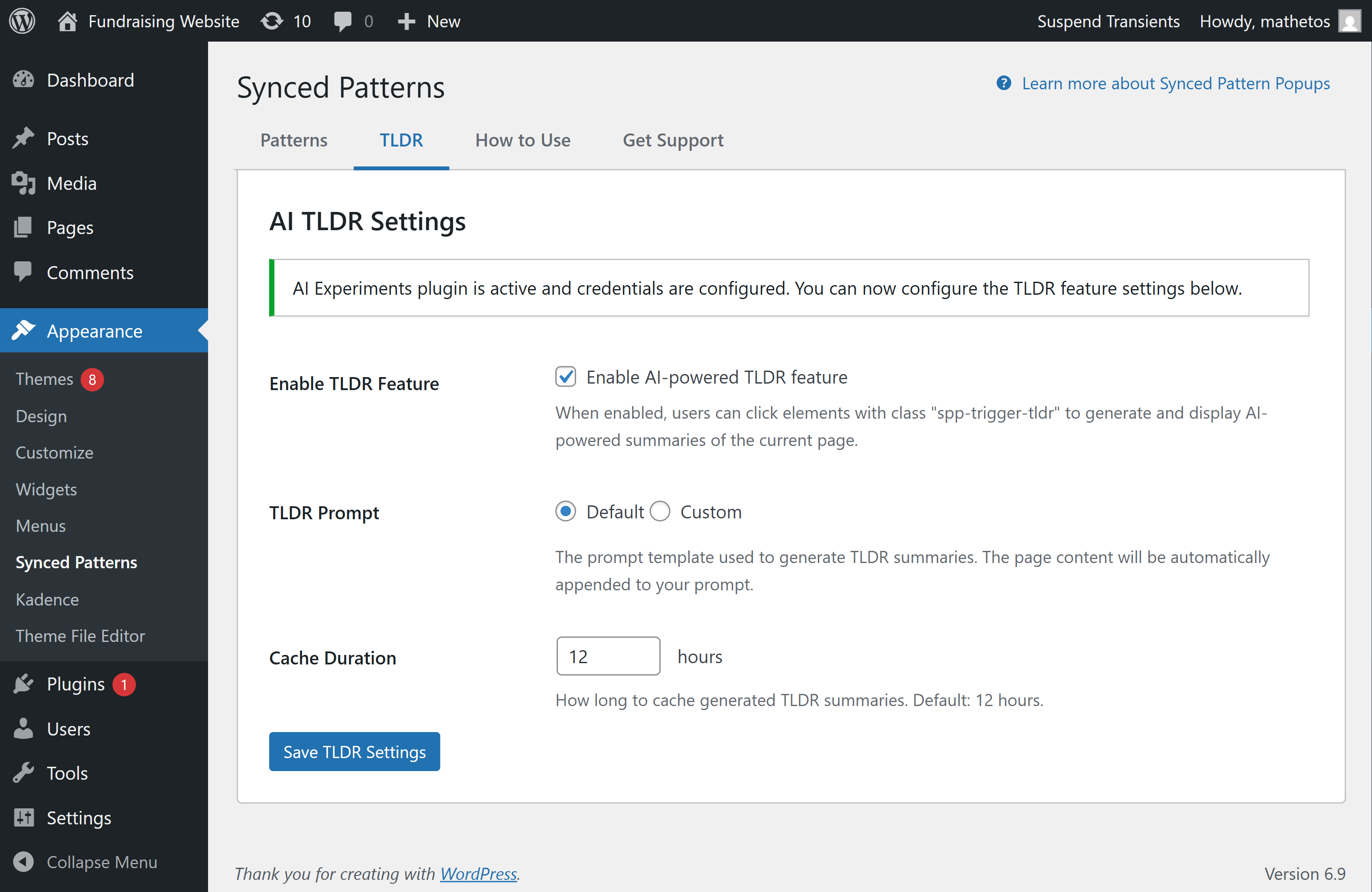 The TLDR settings panel, showing it enabled (because AI Experiments is enabled and configured correctly). Here you can customize your prompt and your TLDR cache length.