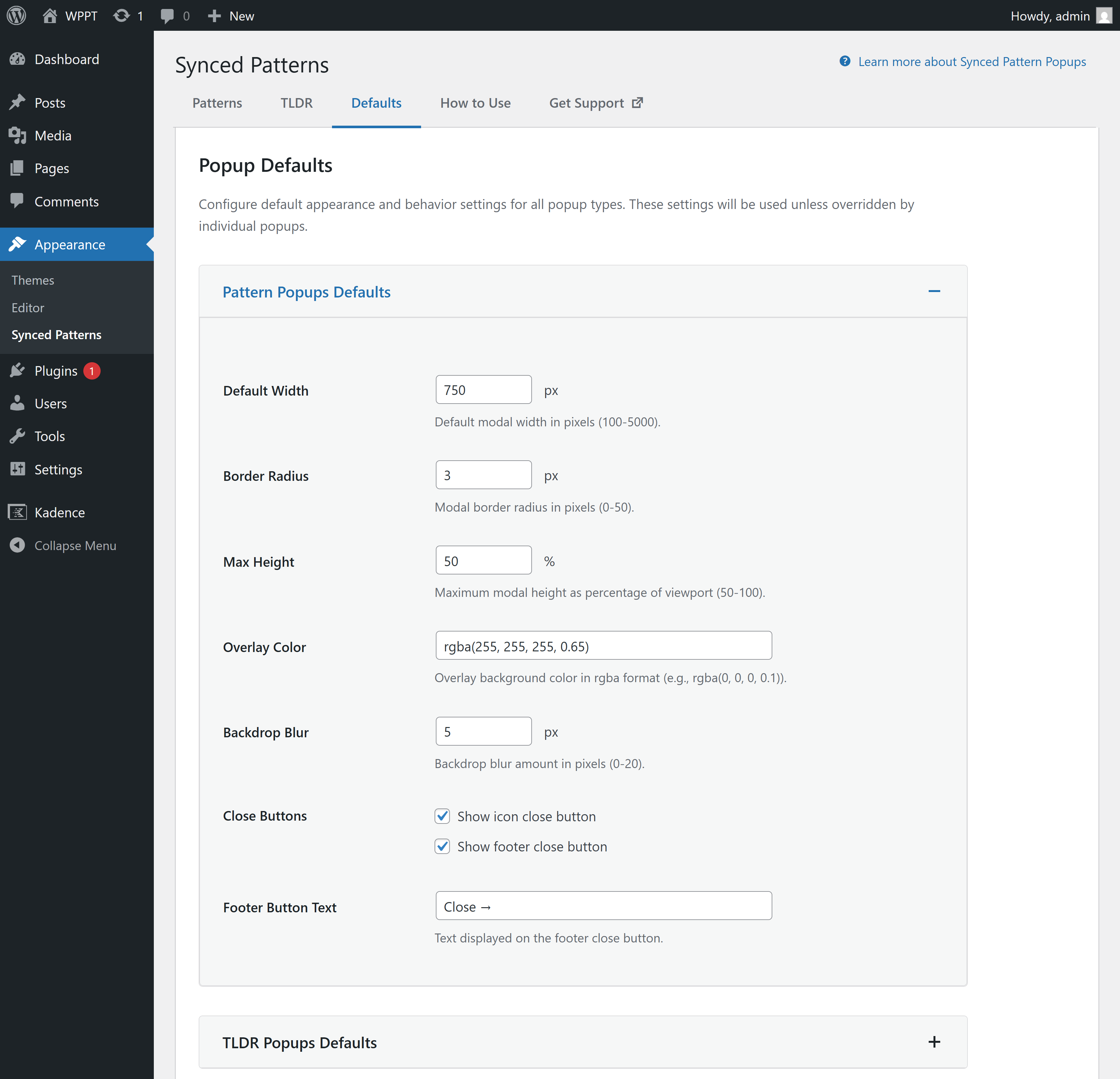 The "Defaults" settings screen. It contains three sections (1) The Pattern modal settings (2) the TLDR Popup Defaults (3) Gallery Popups Defaults.