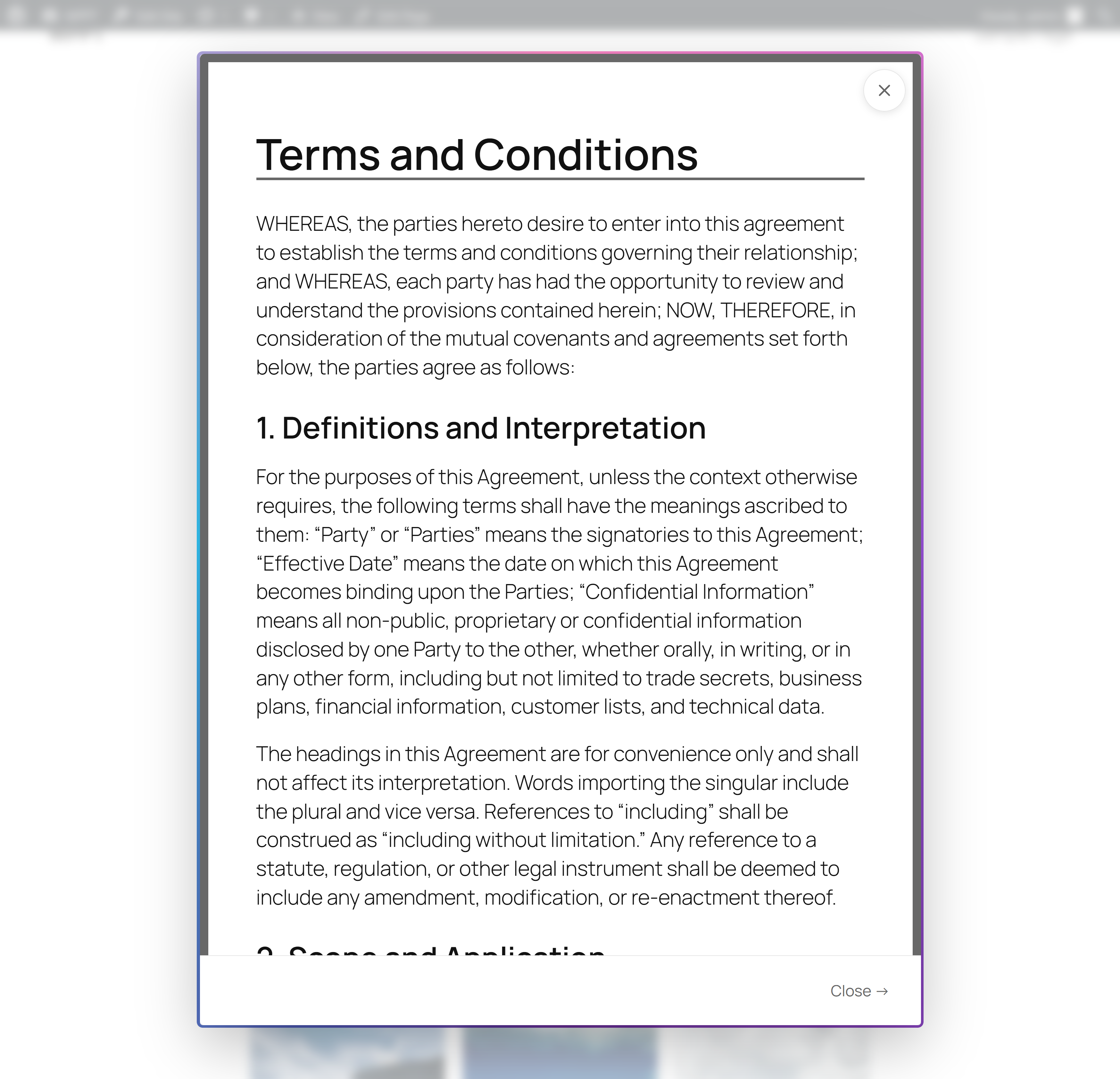 A "Terms and Conditions" modal, illustrating how tall content scrolls inside the modal.
