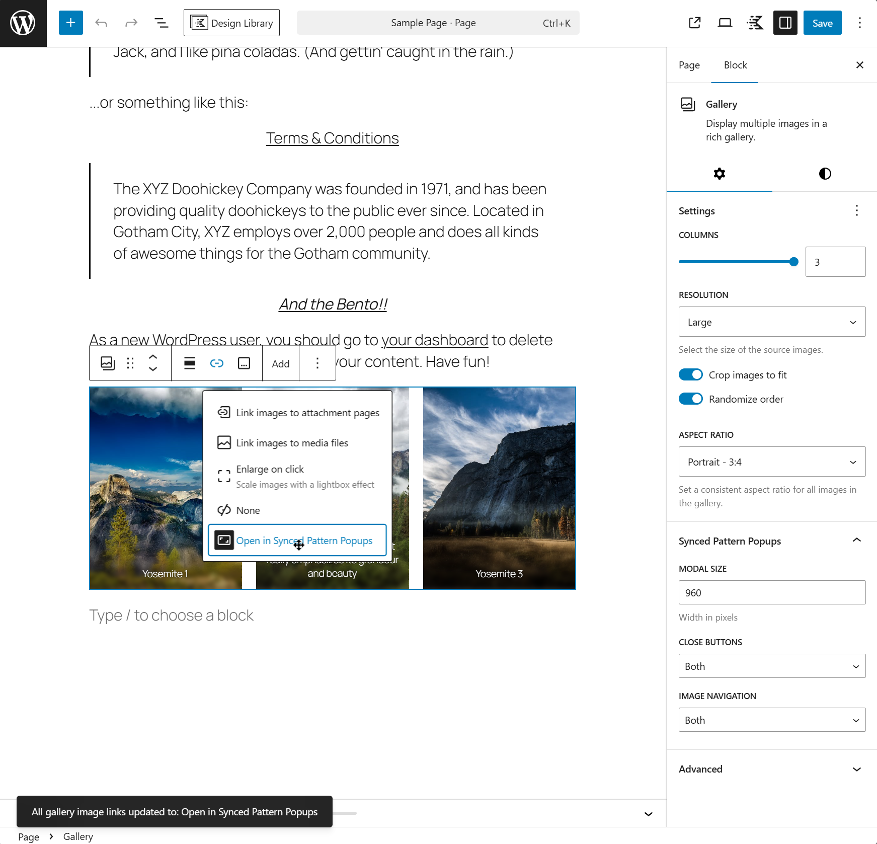 The Gallery block showing the "Open in Synced Pattern Popups" option. Notice also the settings in the block sidebar settings that control the modal width, close buttons, and navigation options.