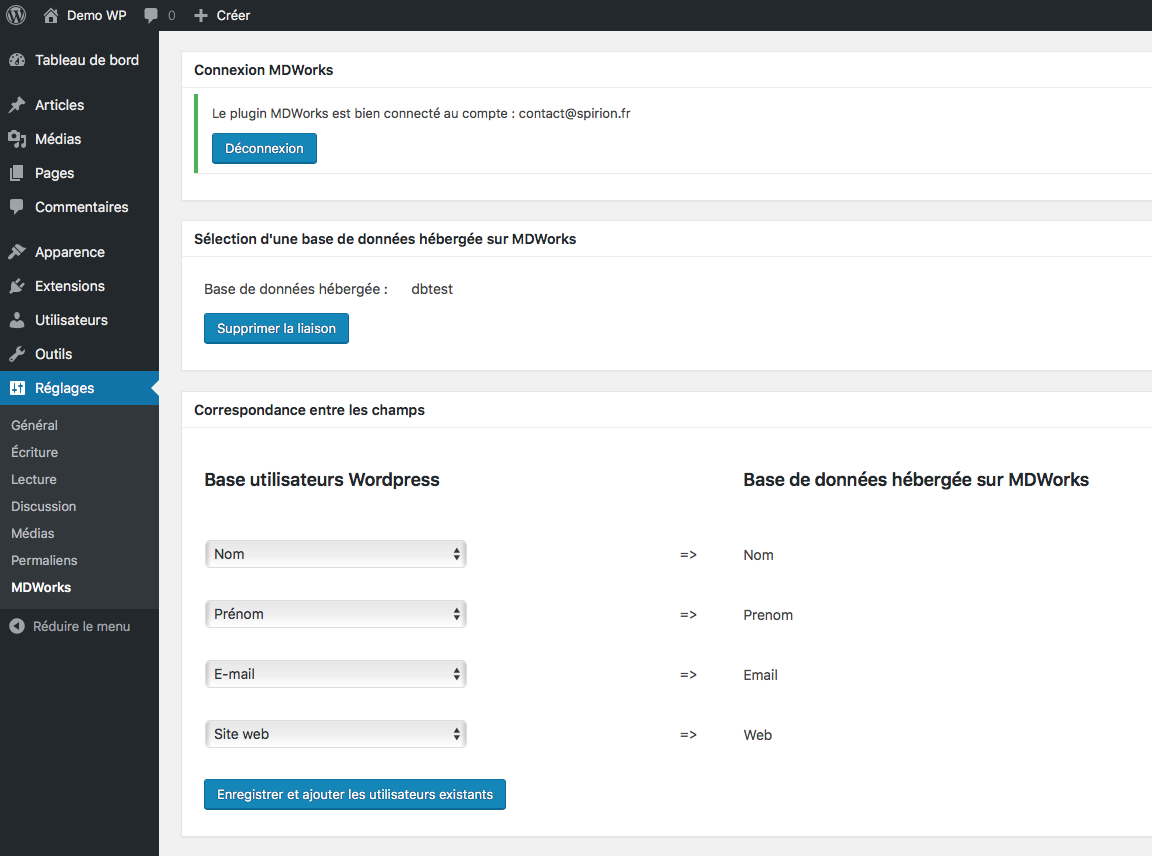 Cette capture montre la page de configuration du plugin.
