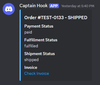 Example of Discord notifications - Order Shipped