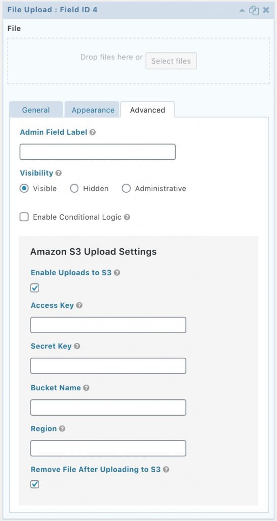 SyncS3 file-upload field settings to enable a field to upload files to Amazon S3. Fields do not upload to S3 by default, so you can pick and chose which fields do.