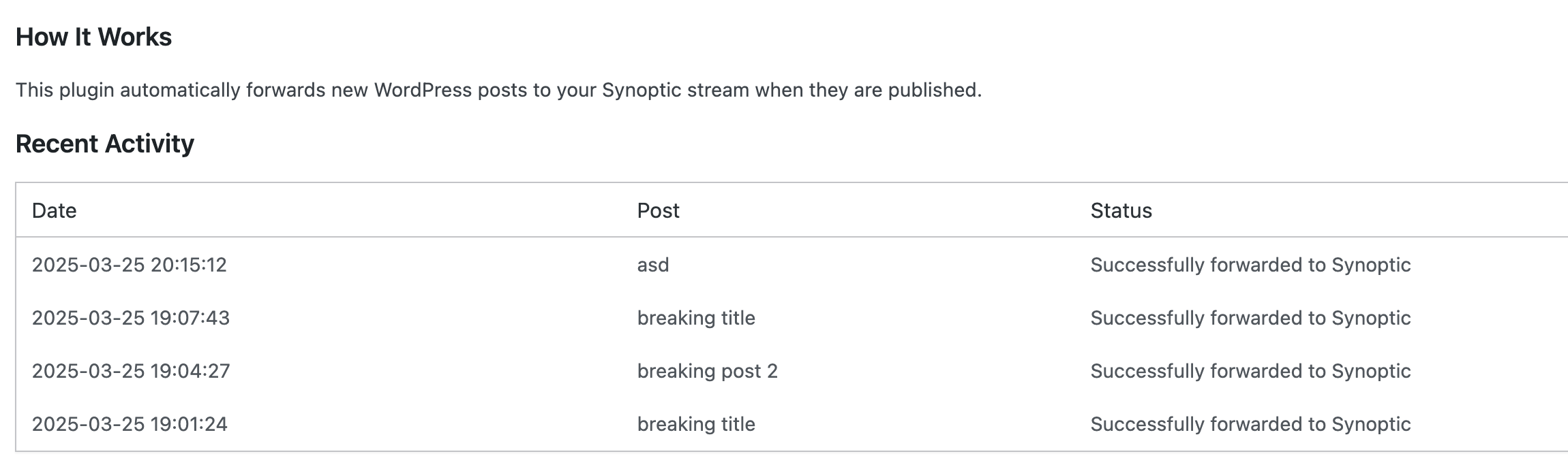 Activity log showing recent post forwarding history.