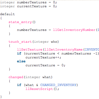 Sample LSL code formatted with syntaxhighlighter-evolved-lsl