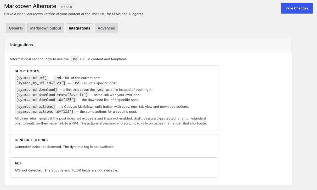Settings — Integrations: the `[sysmda_md_url]`, `[sysmda_md_download]` and `[sysmda_md_actions]` shortcodes, with the GenerateBlocks and ACF detection status.