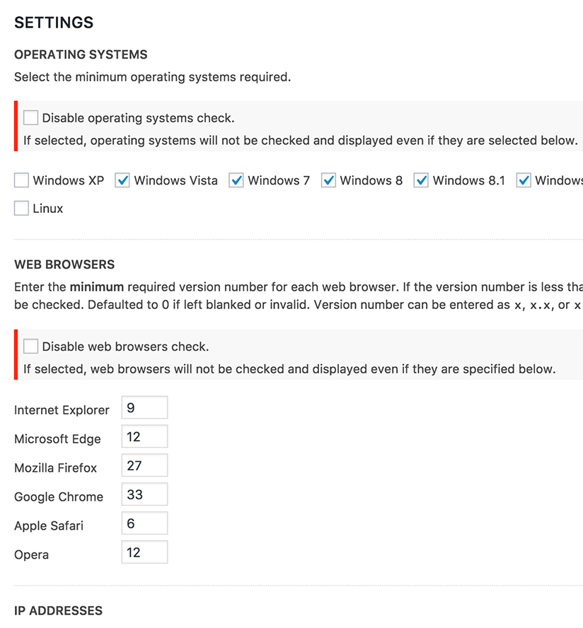 Settings page