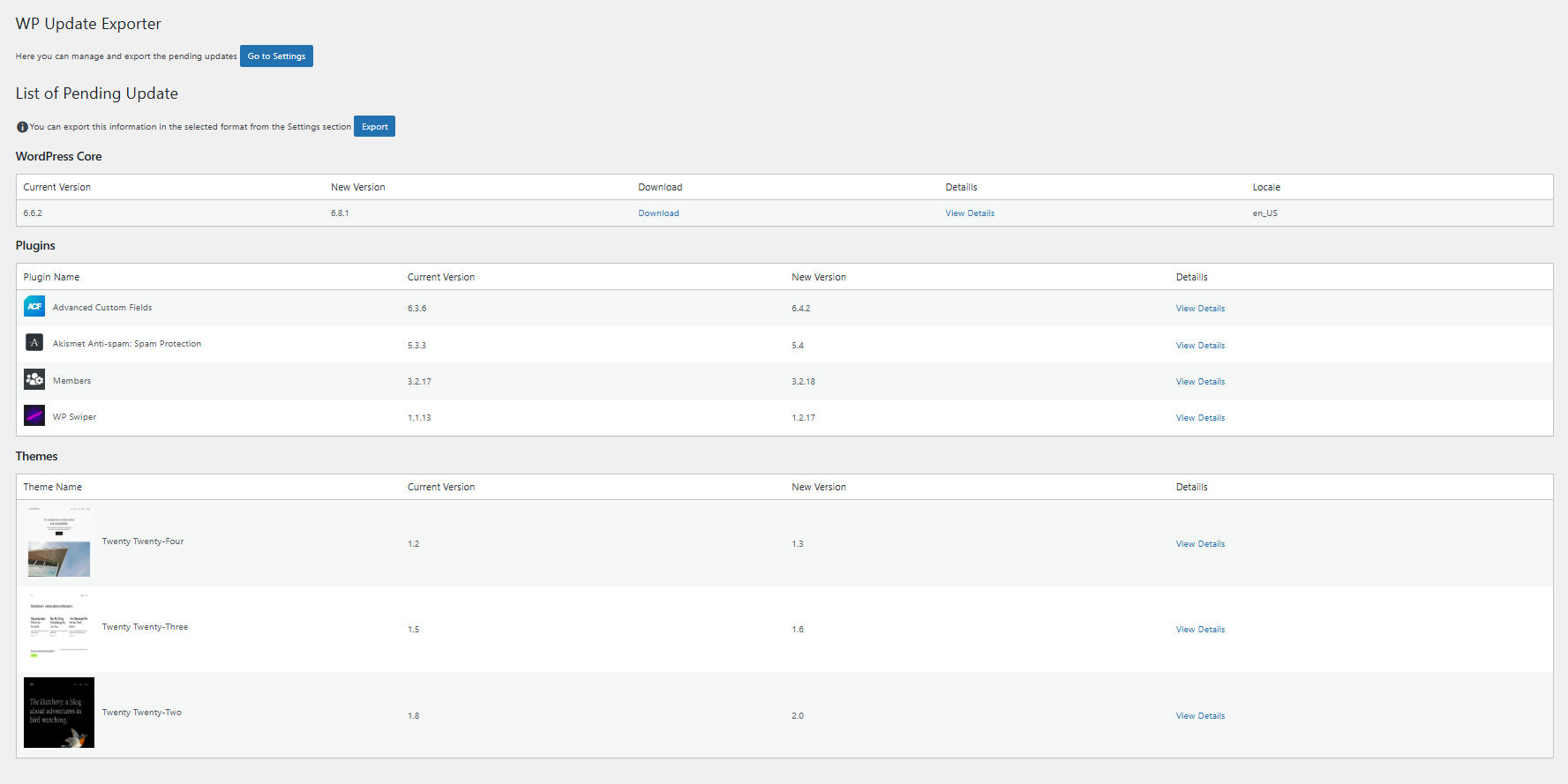 **Pending updates list** - Displays available updates for your WordPress installation.
