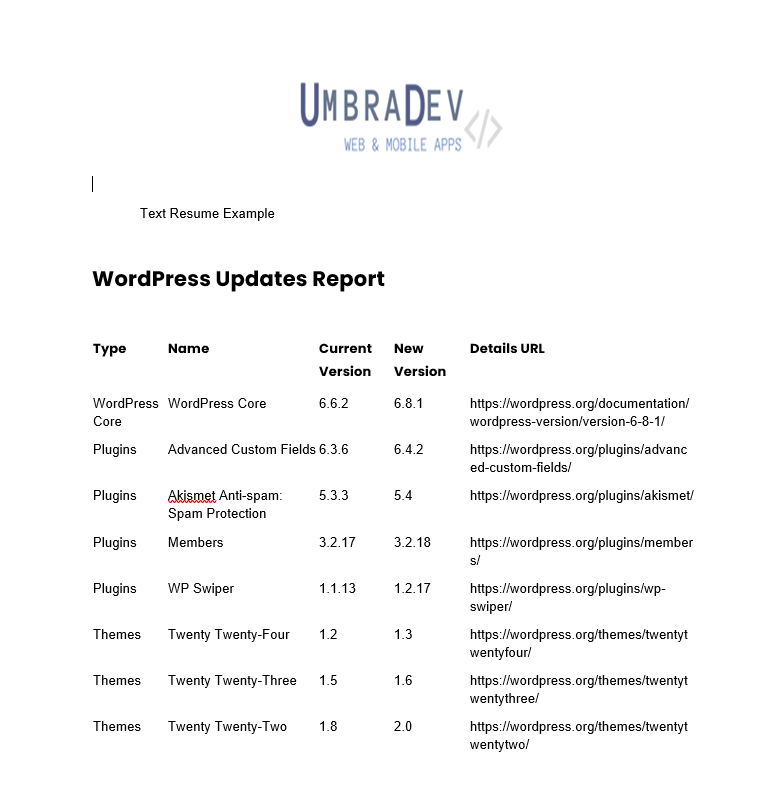 **Data export** - Example of an Excel file with update details.