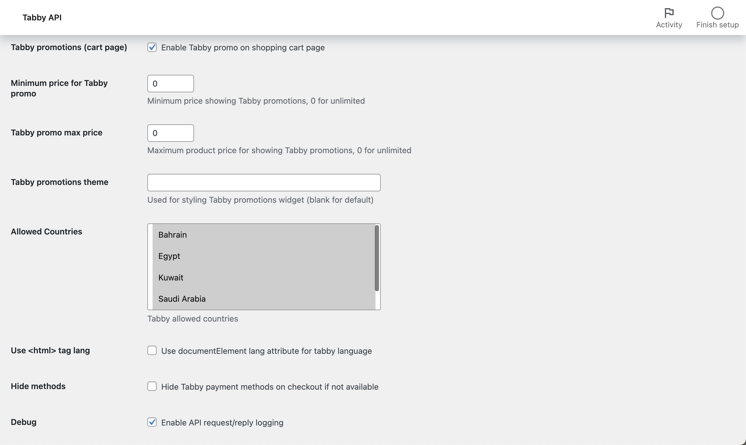 Tabby API settings