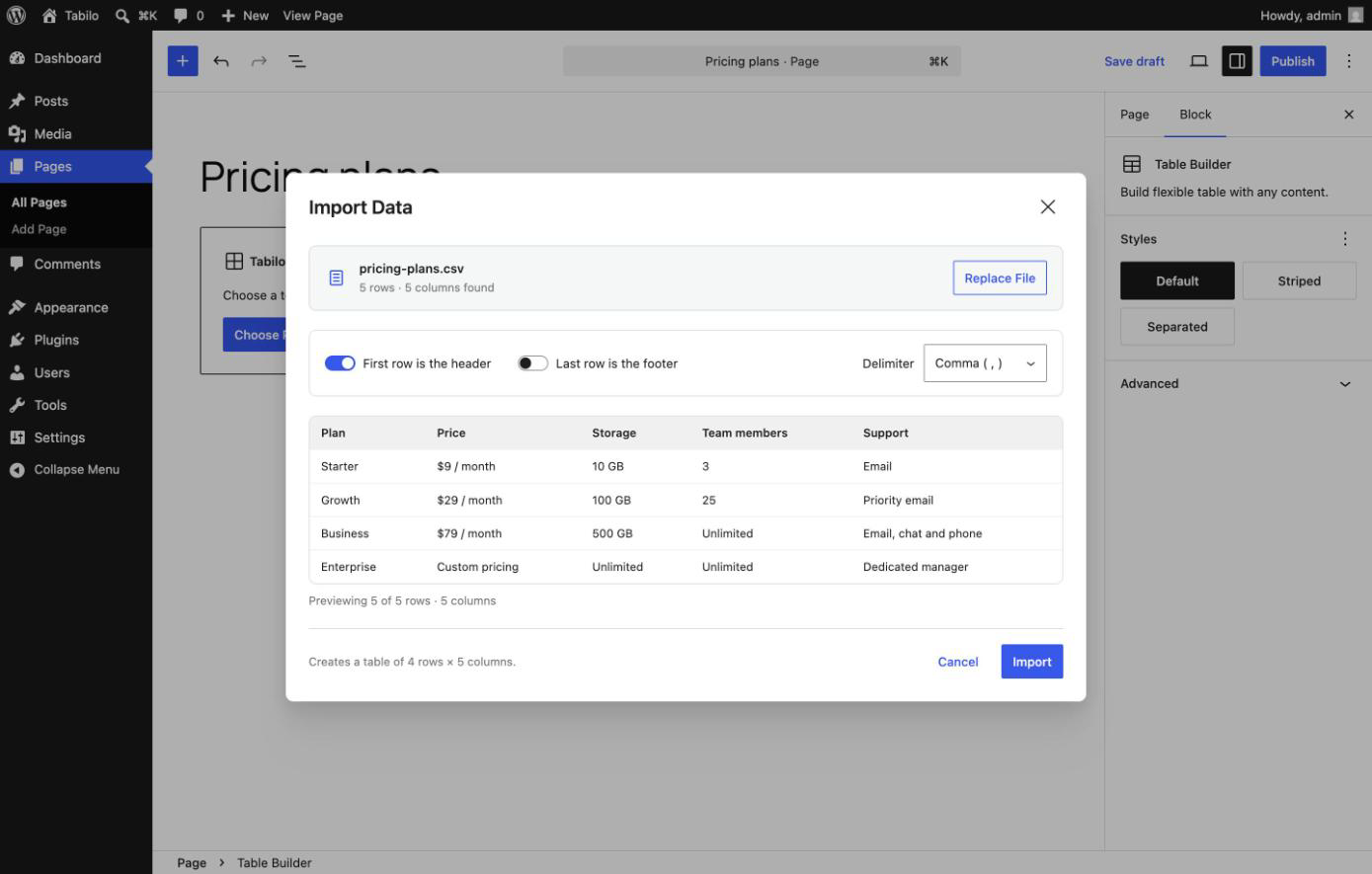 Import Data — build a table straight from a CSV or Excel file, with a preview before you import.