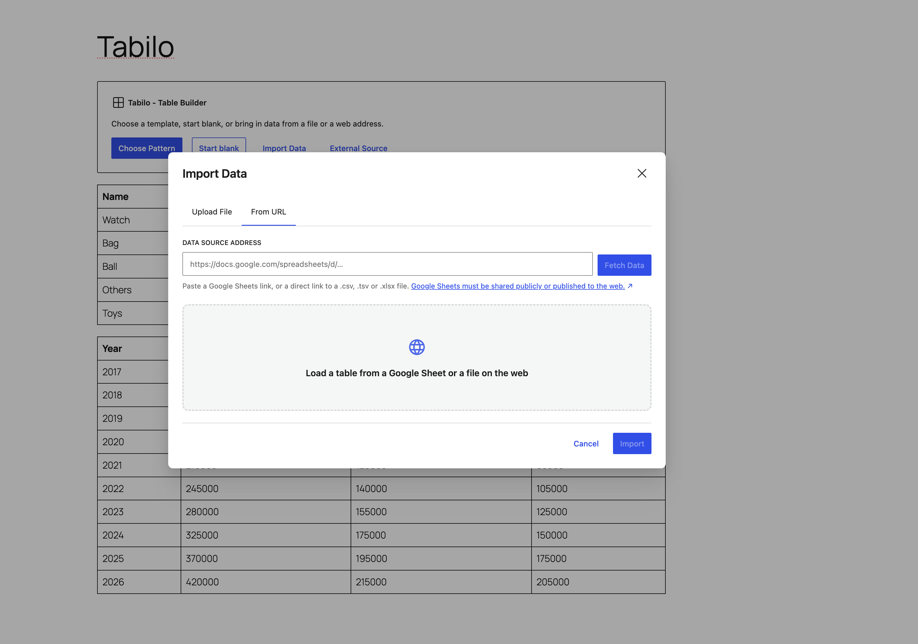 External Source — build a table from a Google Sheet or a file on the web, and keep it in sync.
