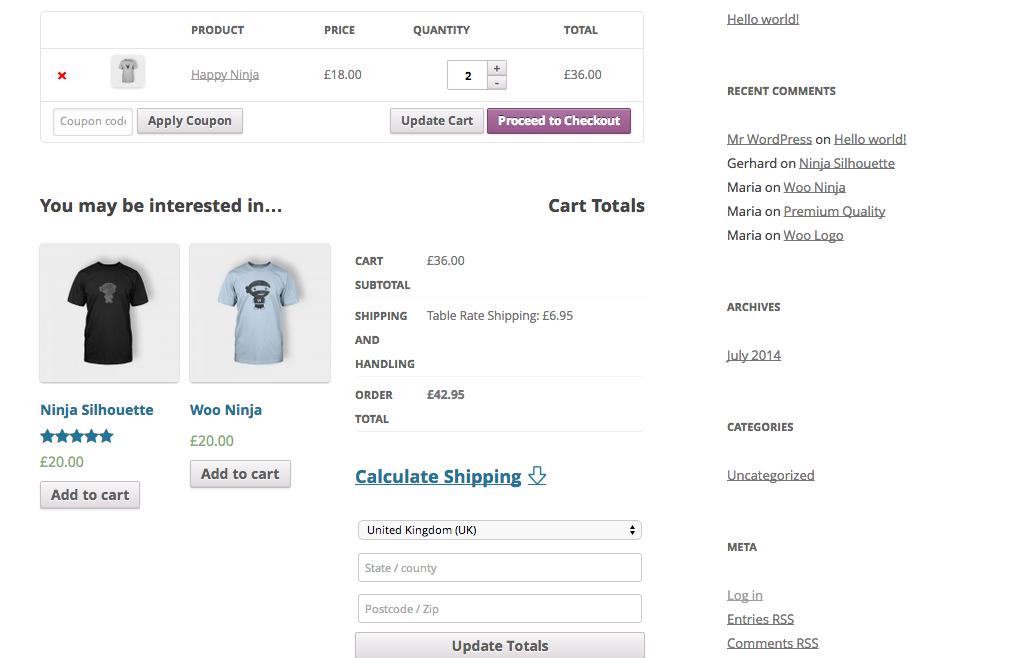 Cart example, using shown settings