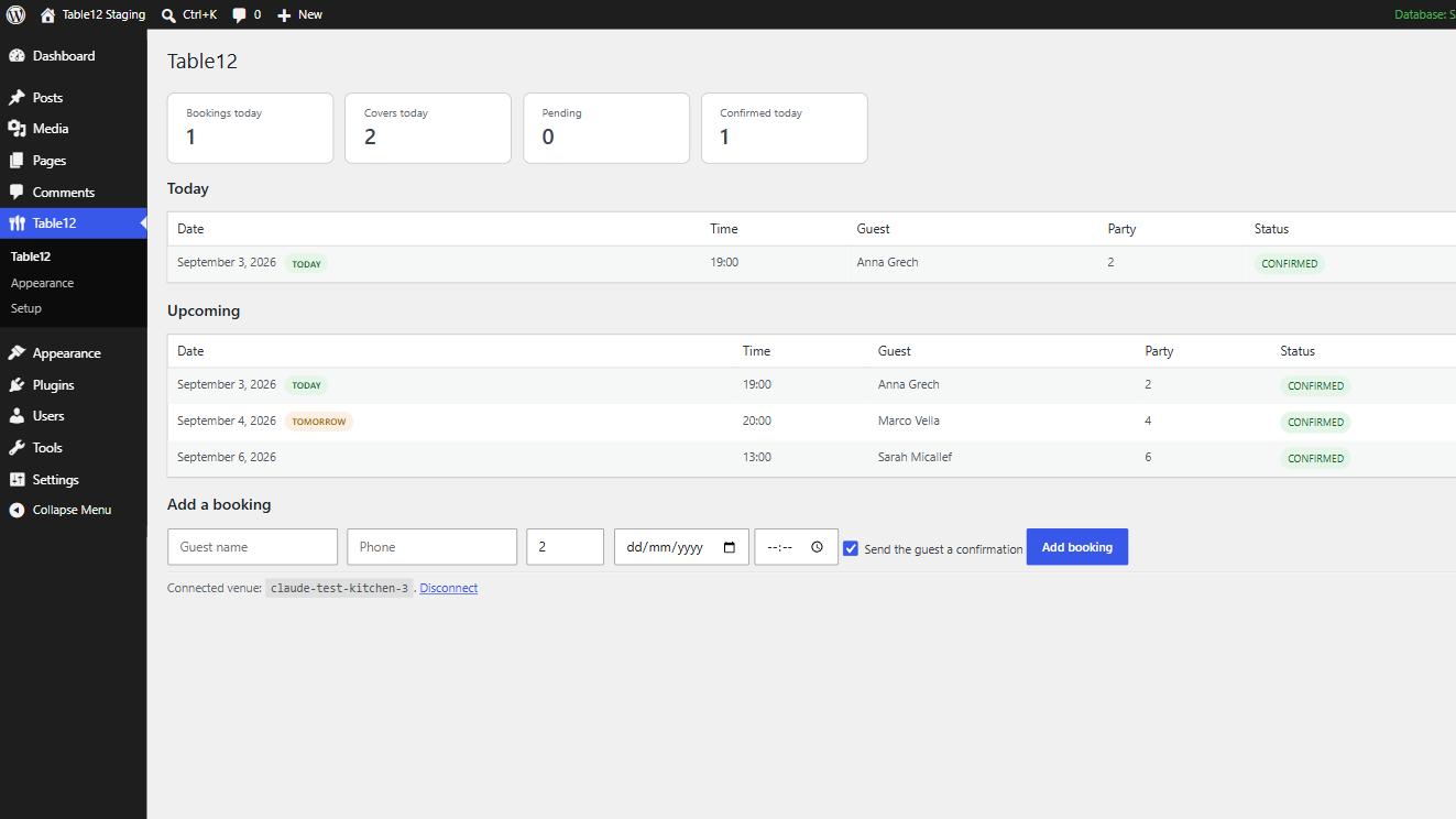 Today at a glance and one-click booking management in wp-admin.