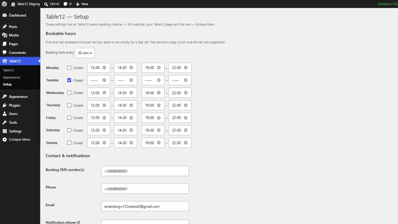 Setup: edit your bookable hours and contact details from WordPress.