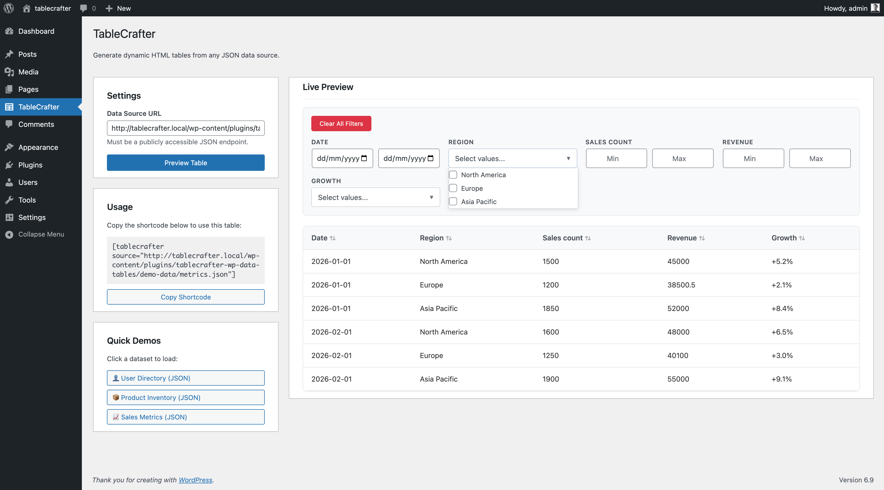 **Auto-Detected Smart Filters** - Advanced filtering system that automatically detects data types (text, numbers, dates) and creates appropriate filter controls. Shows multi-select dropdowns, date ranges, and number ranges working on live data.