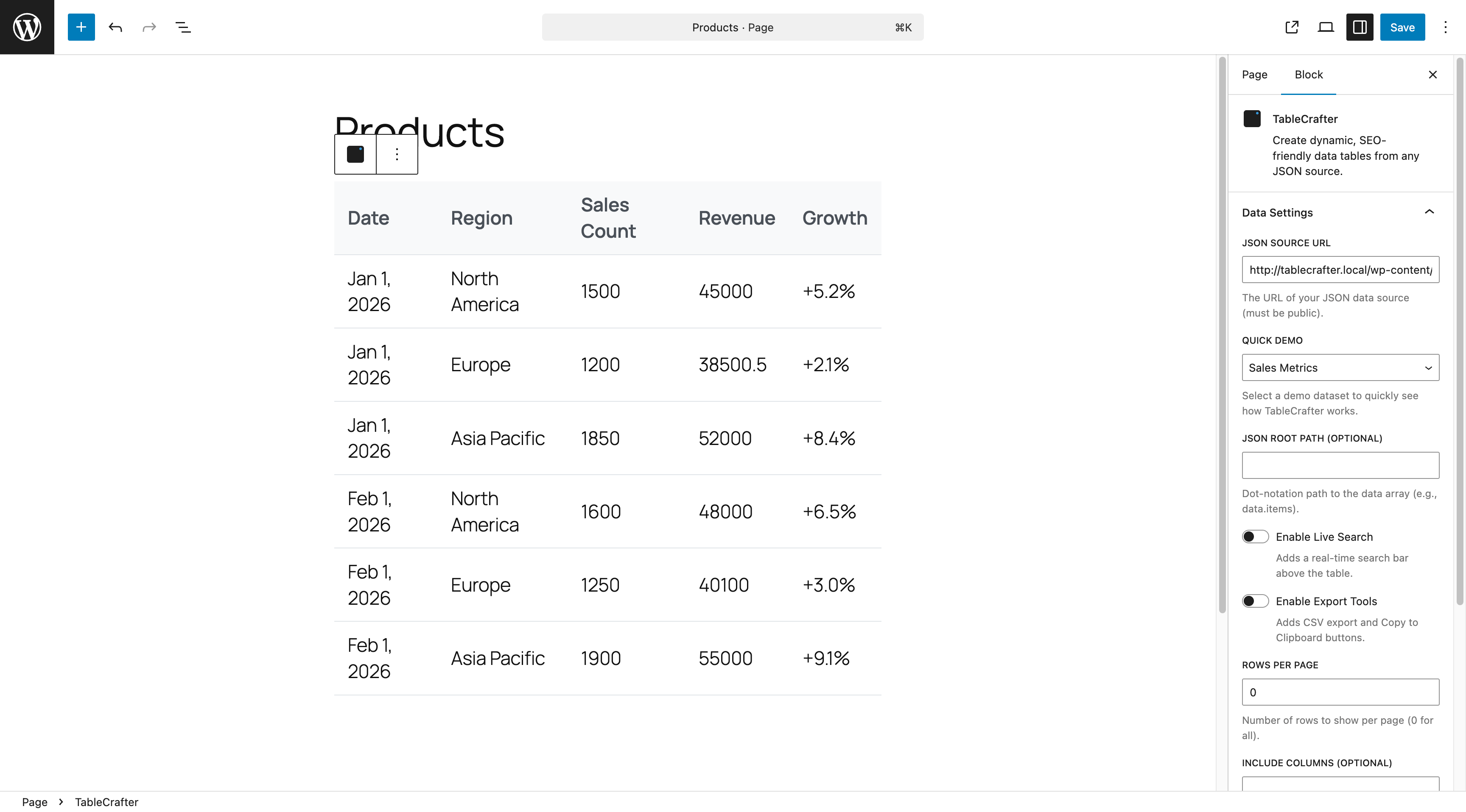 **Reactive Gutenberg Block** - Visual block editor with proxy-supported live previews. Settings for Search, Export, and Filters trigger instant updates without coding.