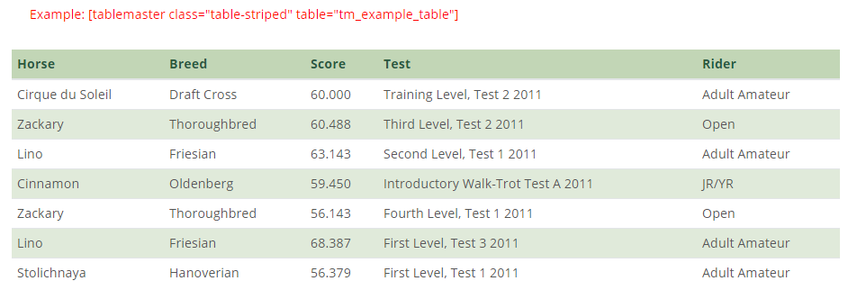 Example table using a user custom style
