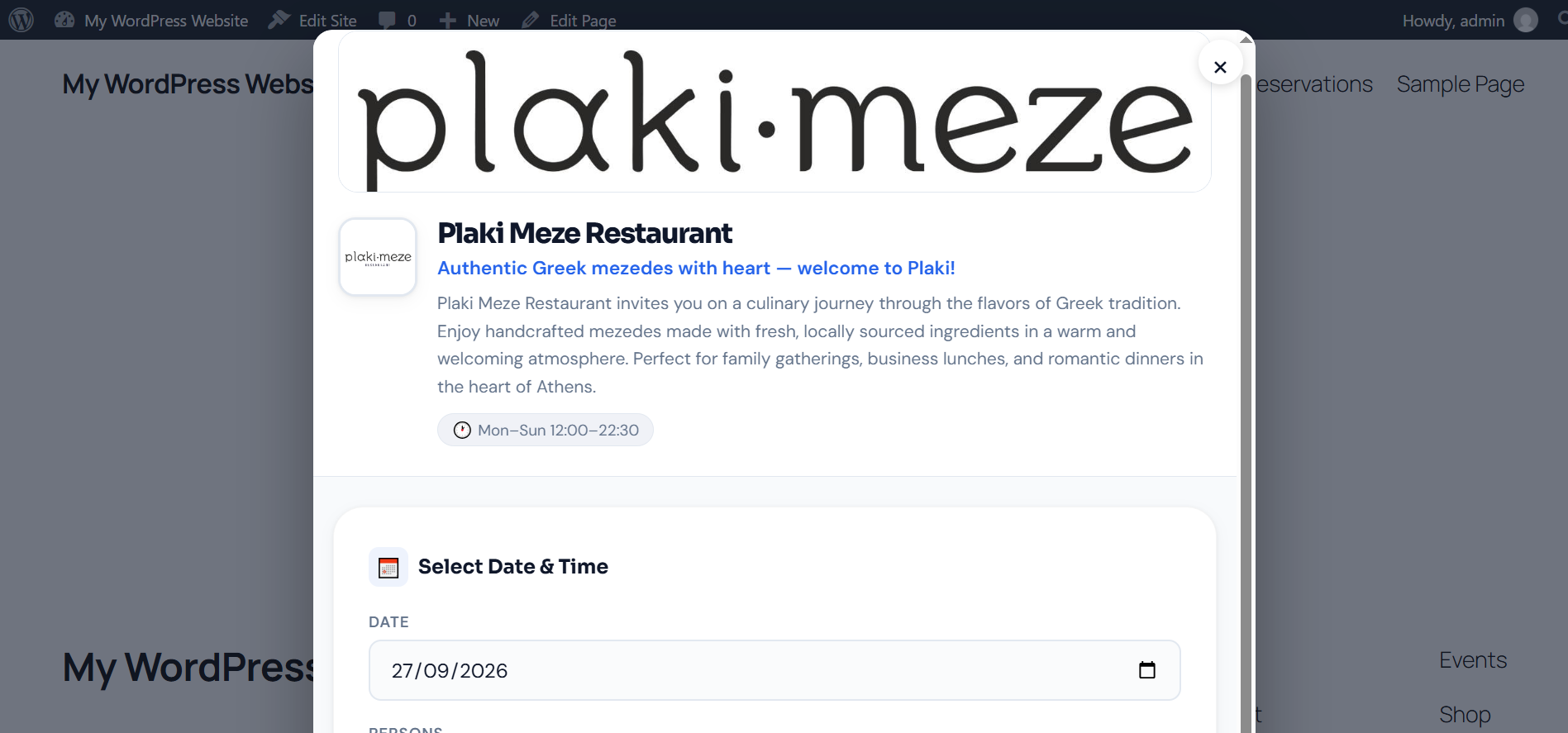 The "Book a table" button and popup