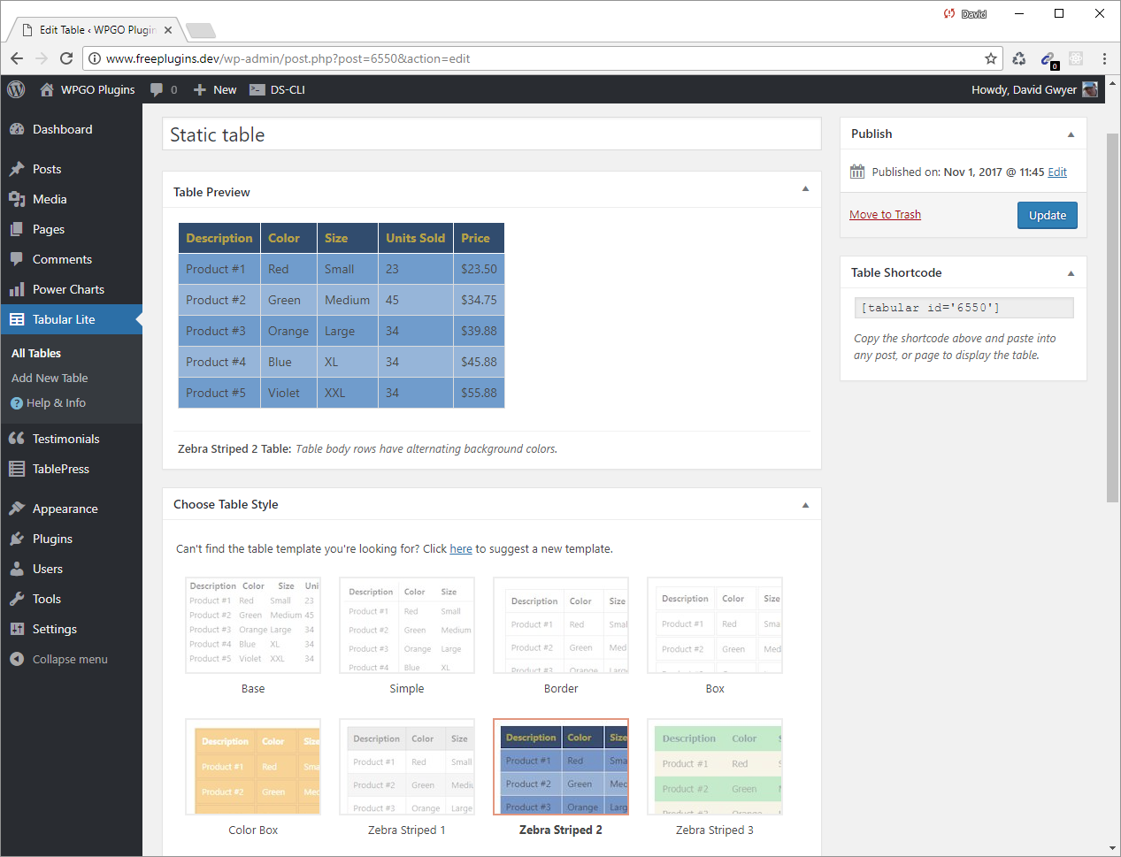 Table templates are updated in the preview instantly.