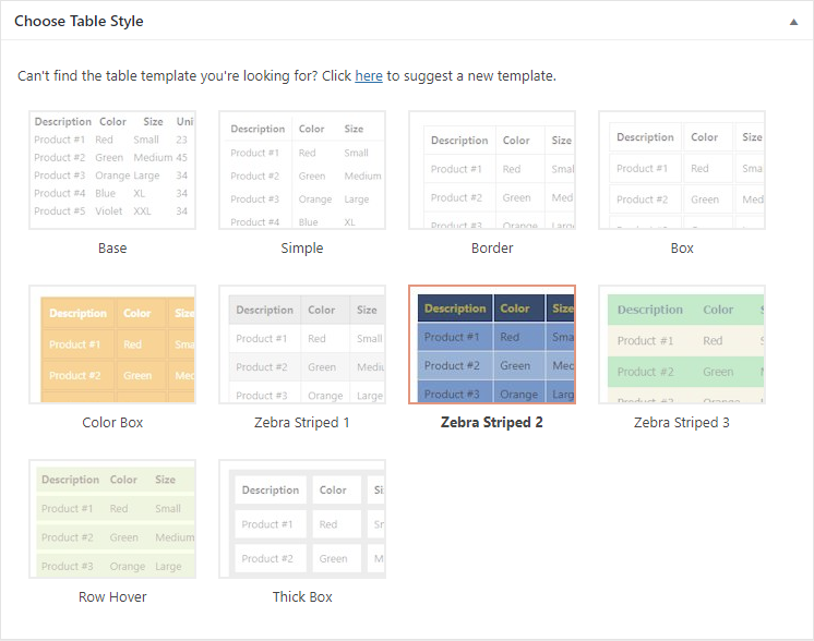Multiple table templates available.