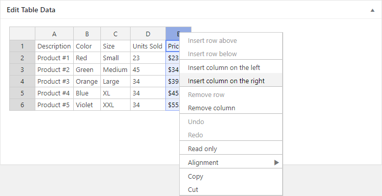 Interactive spreadsheet type table editor makes editing tables very easy and fast!