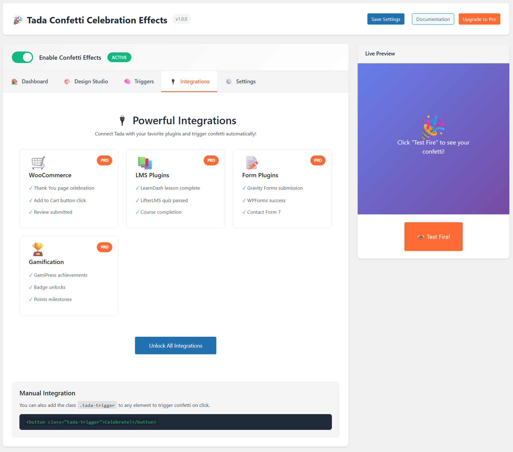 Live preview and test fire controls