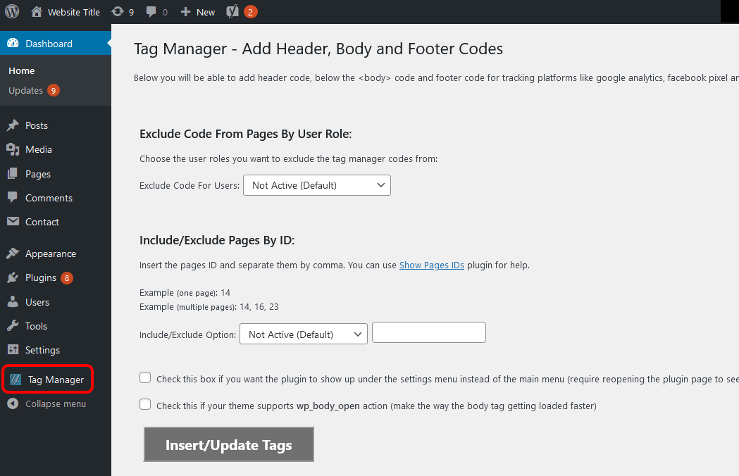 The wordpress tag manager exclude settings